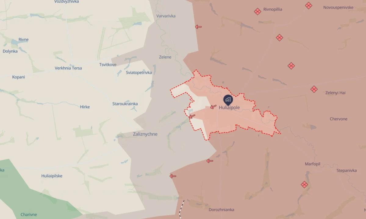 The town of Huliaipole on the map.