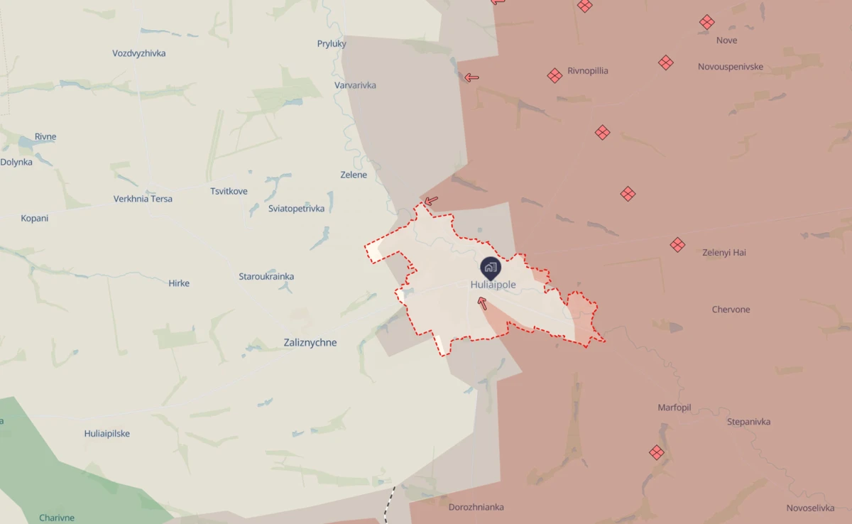 Huliaipole on the map. The territories in red are occupied by Russia.
