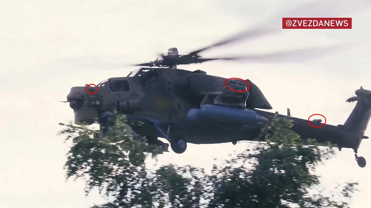 Components of the latest electronic warfare system fitted to a Russian Mi-28NM helicopter