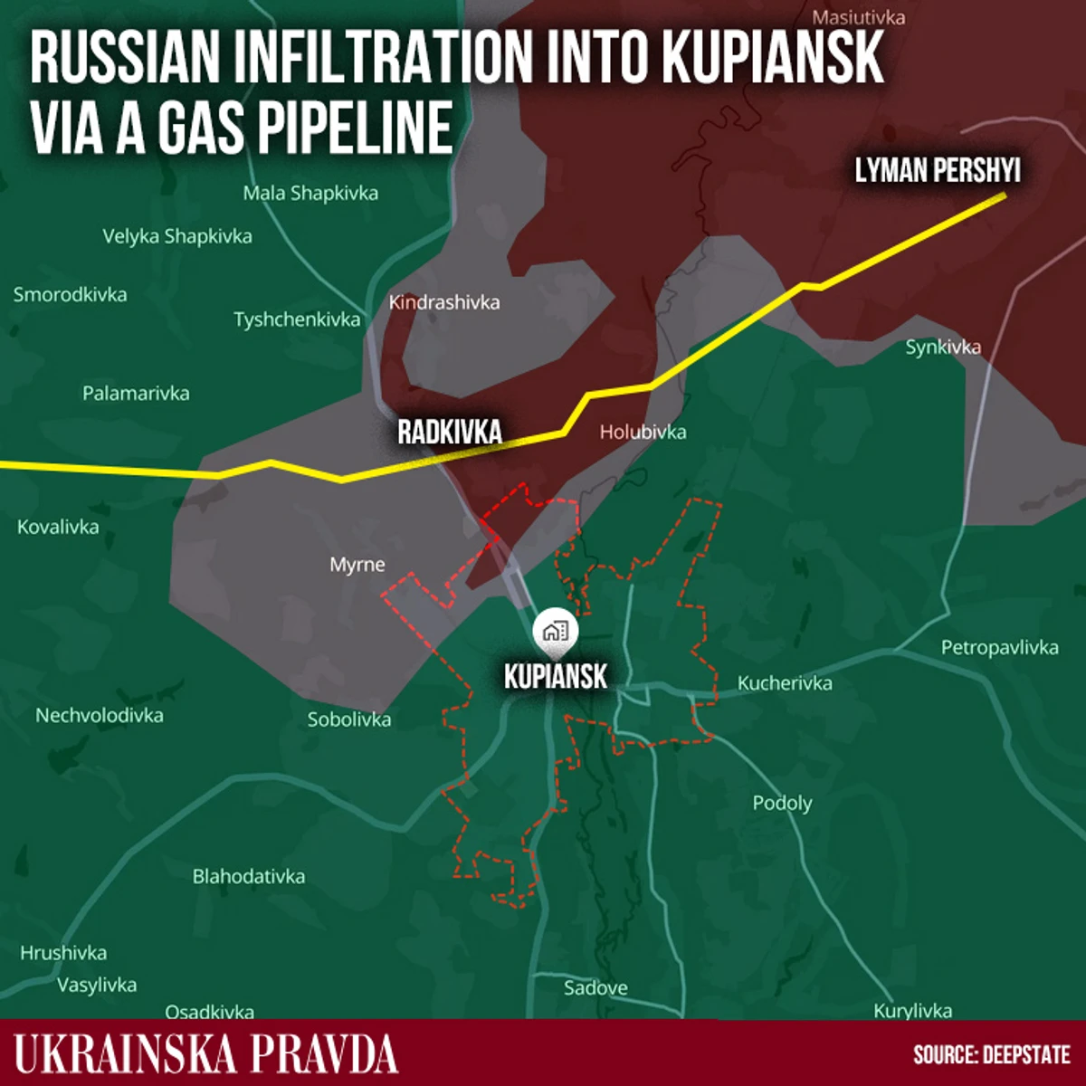 Map showing the Shebelynka-Ostrogozhsk gas pipeline and the approximate entry and exit points used by Russian troops