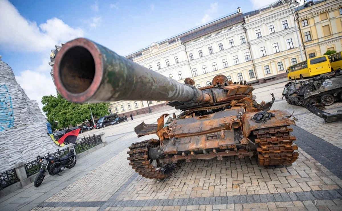 A trophy Russian tank, put on display in 2022 on Mykhailivska Square in Kyiv
