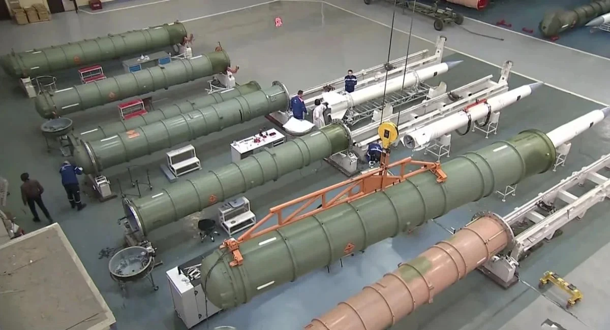 48N6 surface-to-air missiles for the S-400 system being loaded into transport and launch containers at a factory