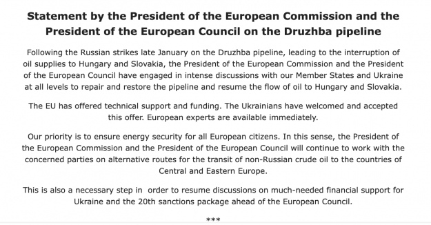Reference to €90bn loan and 20th sanctions package dropped from EU statement on Druzhba pipeline