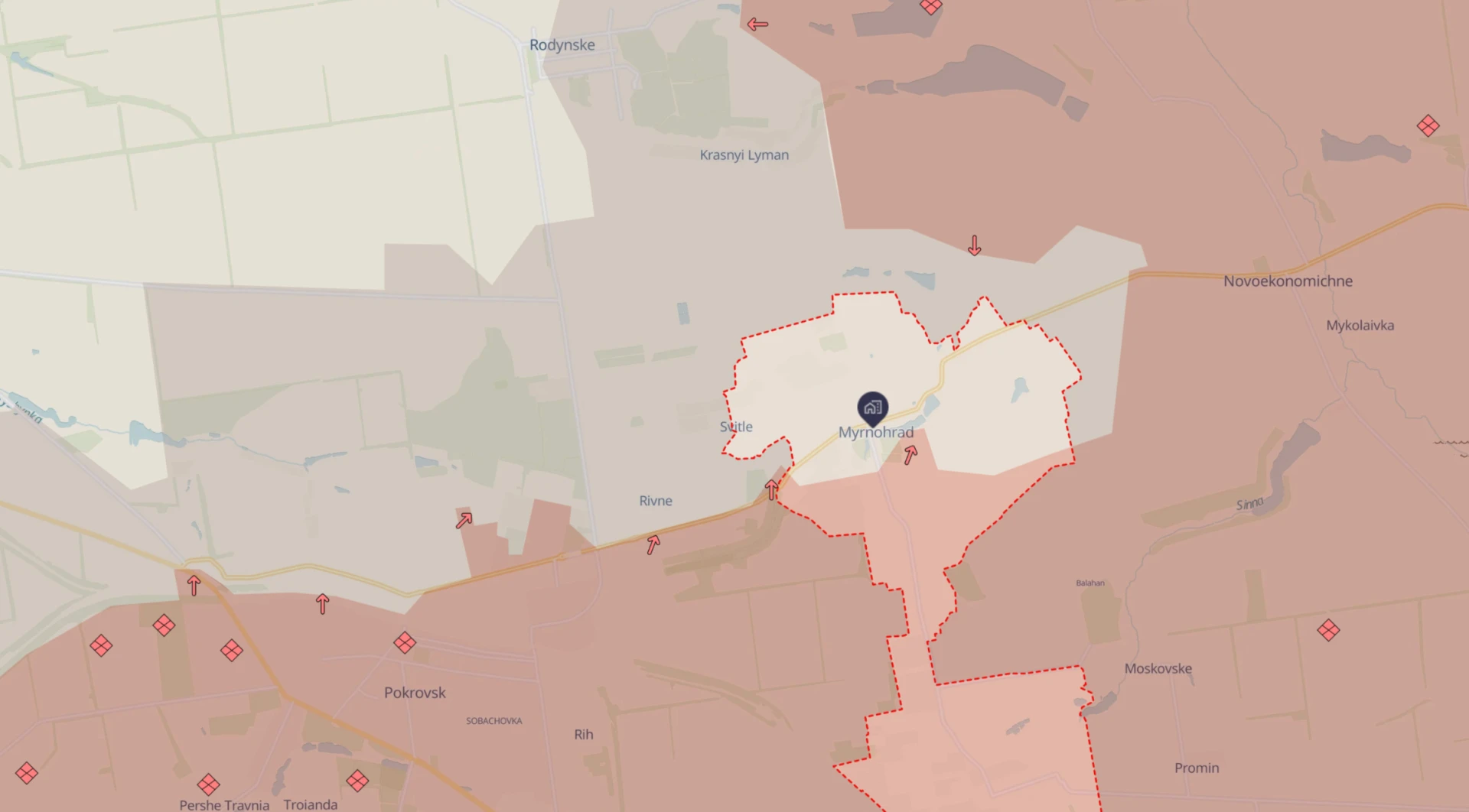 Myrnohrad on the map. The territories in red are occupied by Russia.