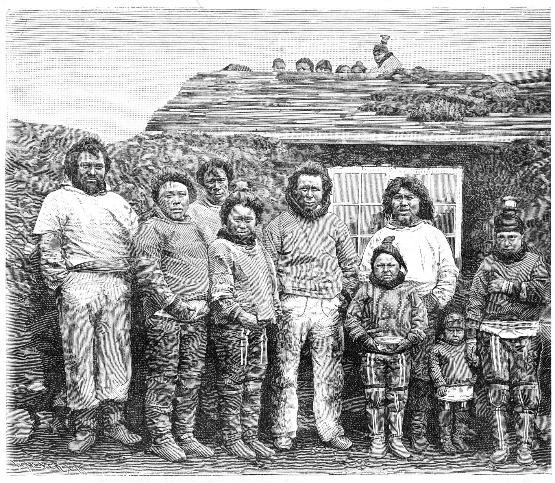 Уроженцы Гренландии – инуиты возле своего дома. Иллюстрация из английского журнала, 1892 год