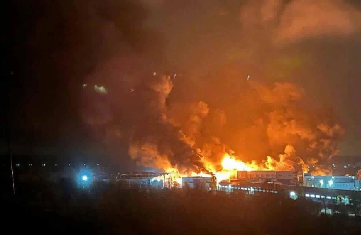 The production facilities on fire.