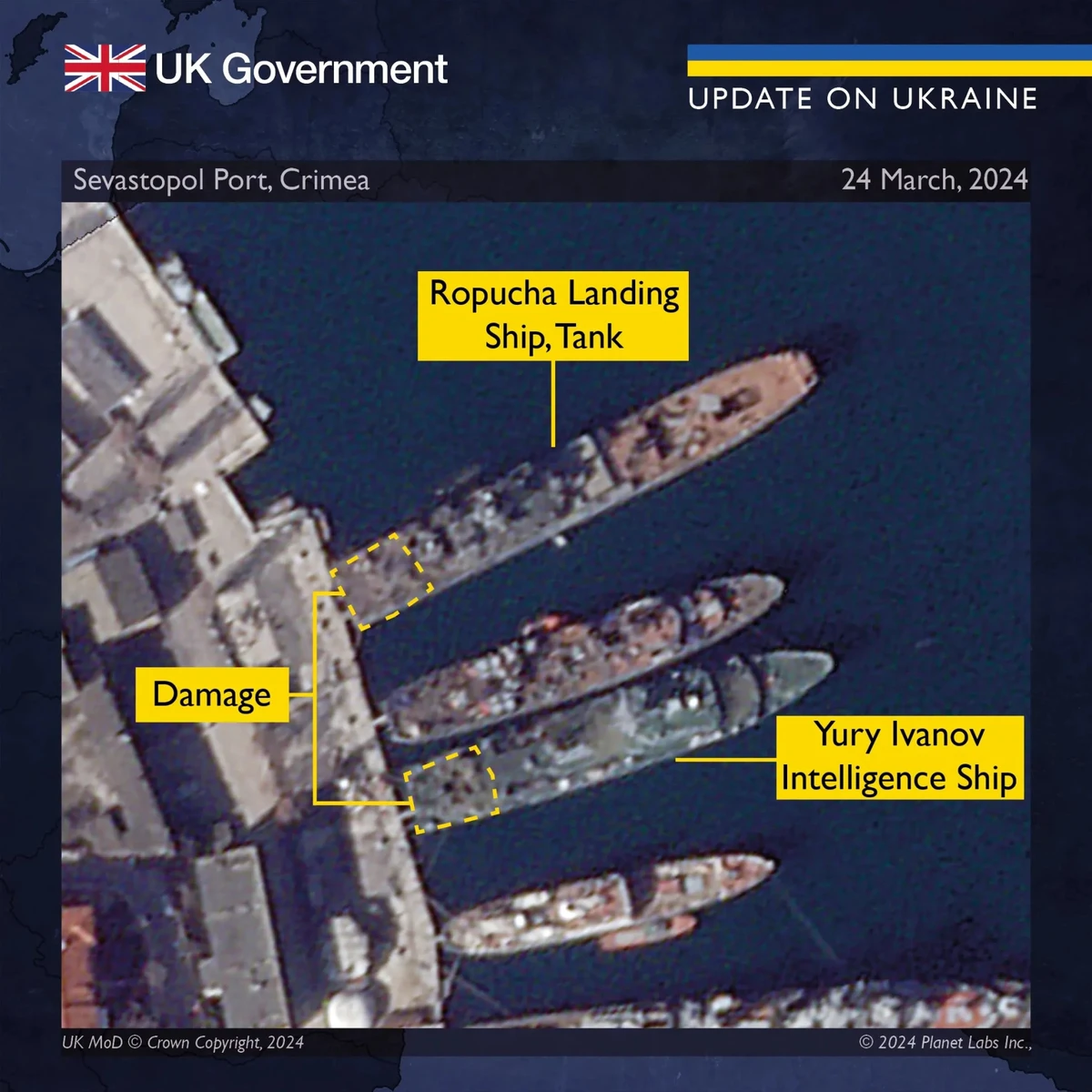 Satellite images of the Azov, a large landing ship, and the Ivan Khurs, a Yuri Ivanov-class intelligence ship, in Sevastopol Bay