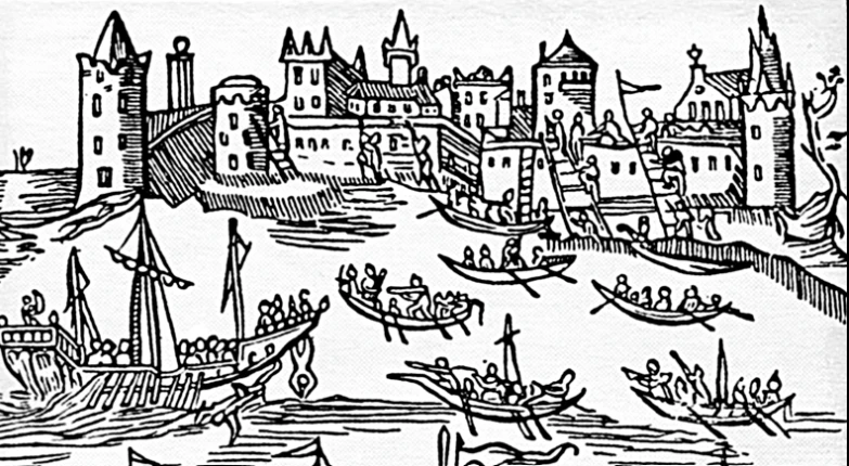 Частина гравюри, на якій зображено перемогу гетьмана Сагайдачного над турецьким флотом та взяття Кафи (Феодосії) в 1616 році. З книги Касіяна Саковича Вірші на жалісний погреб шляхетного лицаря Петра Конашевича-Сагайдачного (1622 рік)