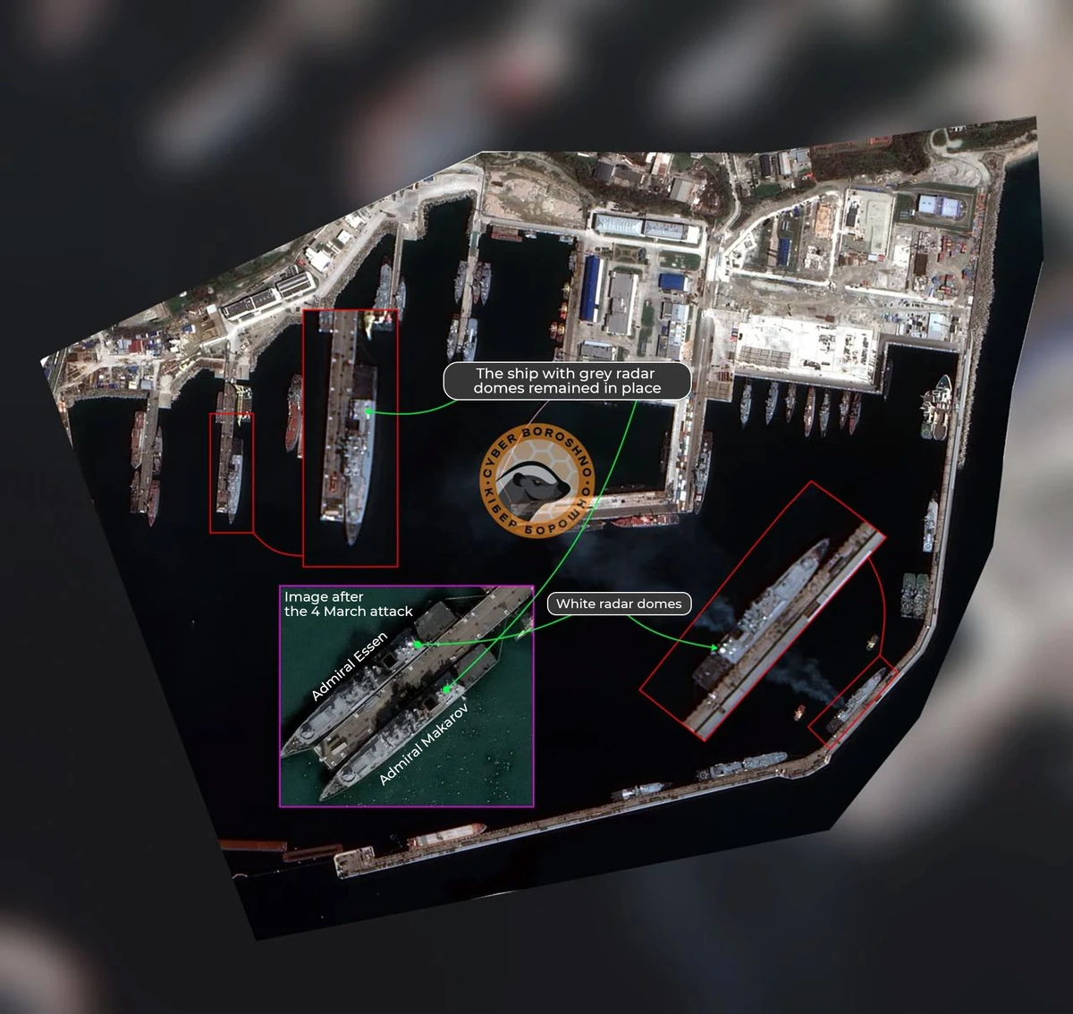 The Project 11356R frigates look almost identical, so the colour of their radar domes is used to tell them apart in photographs: The Makarov has grey domes, while the Essen's are white. Inset: both frigates after the March attack