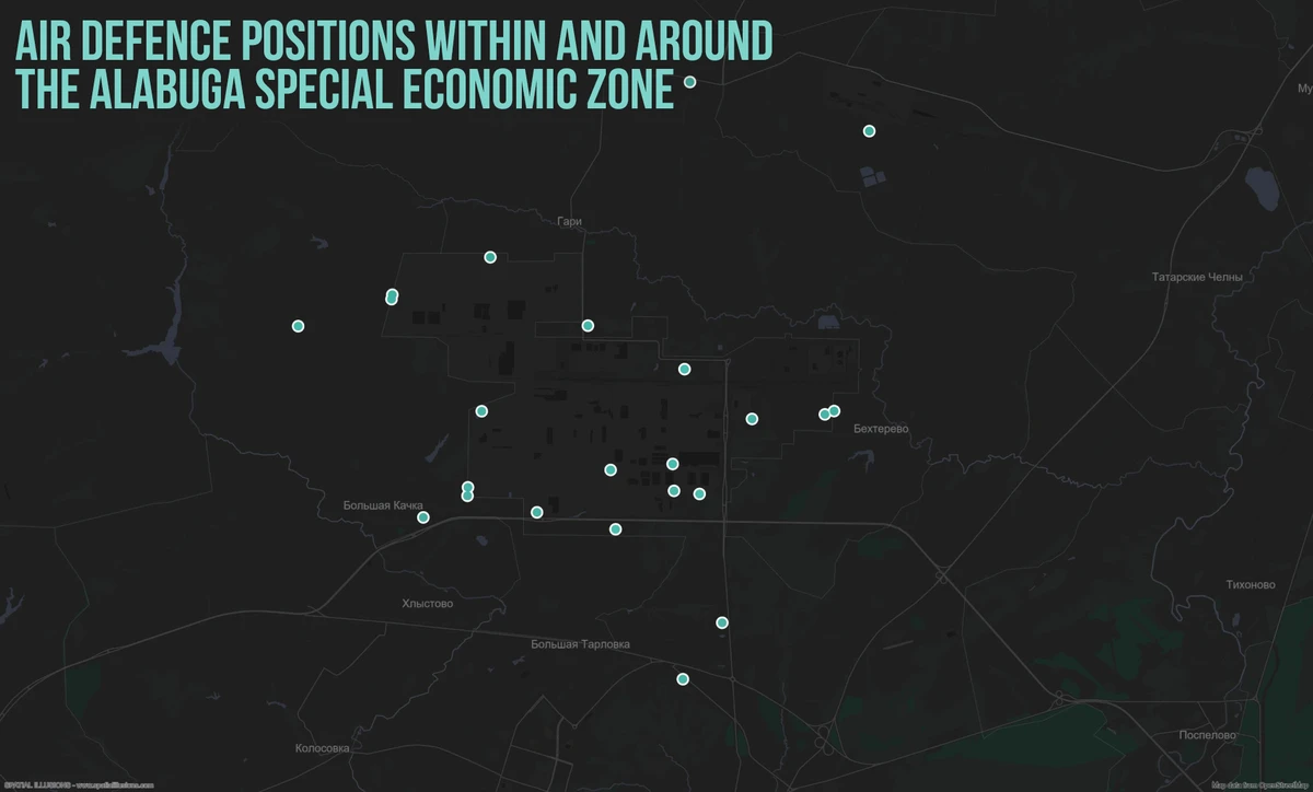 Map of air defence system positions within and around the Alabuga Special Economic Zone
