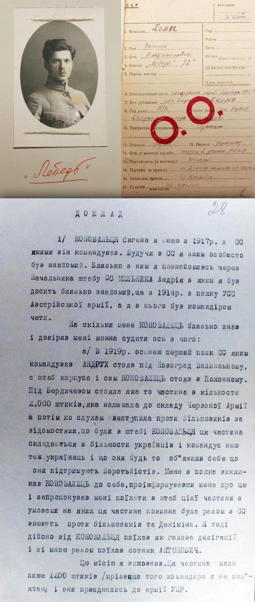 В докладе советскому начальству Хомяк рассказал, что знал Евгения Коновальца с 1917 года, когда тот командовал Сечевыми стрелками. Познакомил их Андрей Мельник, на тот момент начальник штаба сечевиков, которого Хомяк знал еще по австрийской армии. По словам Хомяка, после свержения Гетманата Скоропадского в 1918 году Коновалец приказал ему вести переговоры с атаманом Зеленым, отряды которого не признавали власть Директории. Также Хомяк отмечал, что дружил с младшим братом Коновальца Степаном