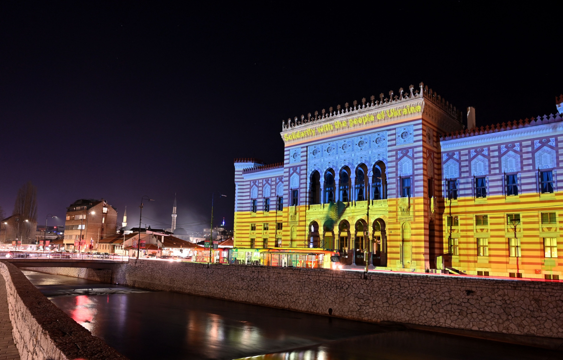 The city hall building in Sarajevo, the capital of Bosnia and Herzegovina, illuminated in the colours of the Ukrainian flag on 24 February 2022 Photo: Elvis Barukcic / AFP / Getty Images