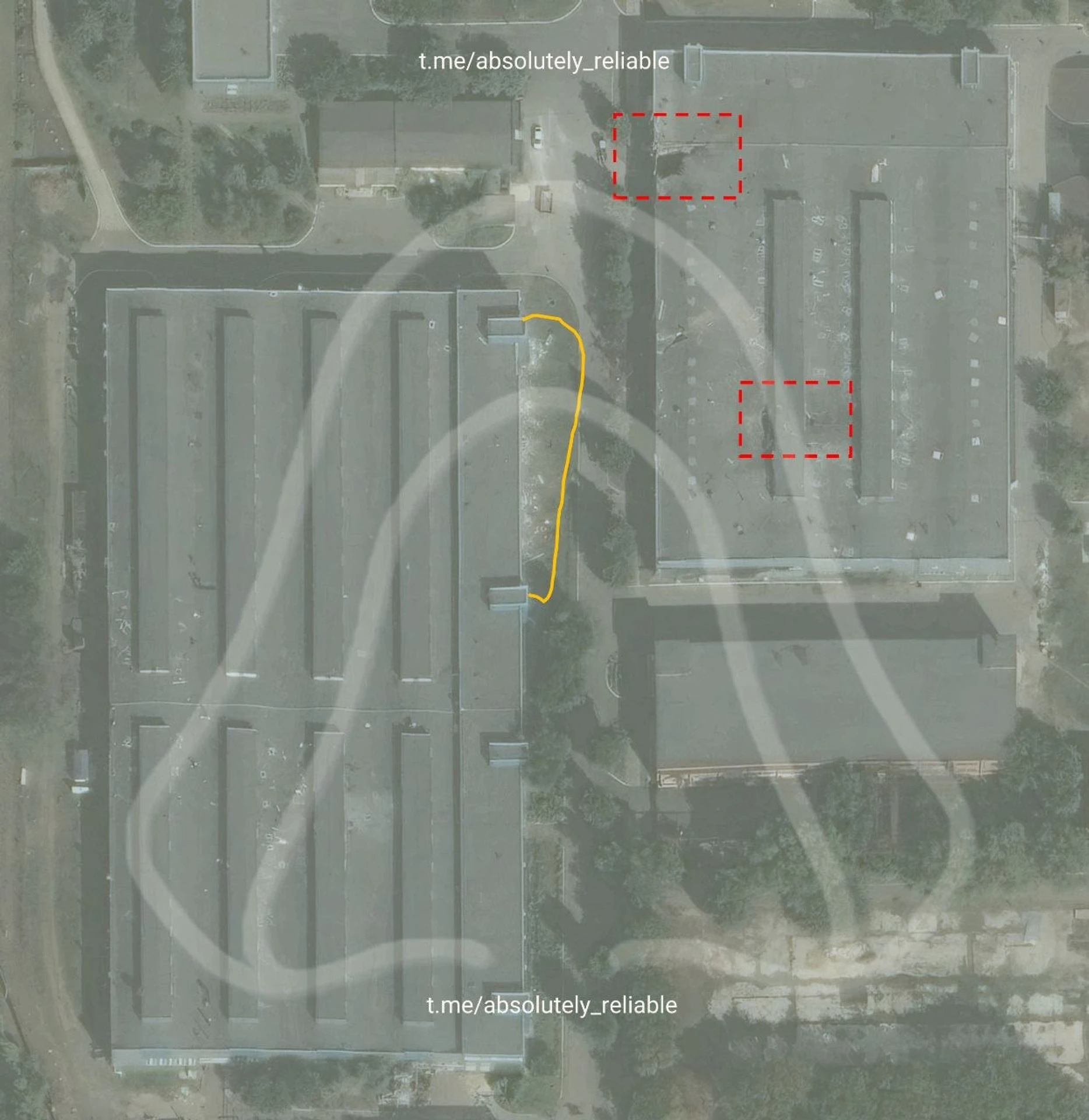 Hits at machining workshop No. 024 (right) and a potential strike zone at the frame-stamping workshop Photo: Absolutely Reliable Source