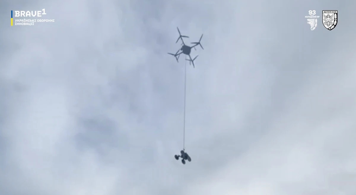 A bomber drone transports the Desantnyk ground robotic system