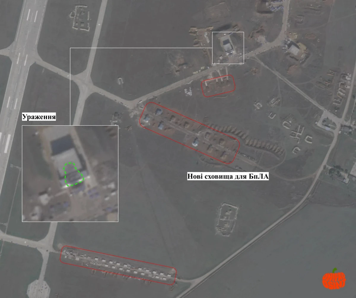 Damaged facility (left) and New UAV shelters (right) at the Hvardiiske airbase