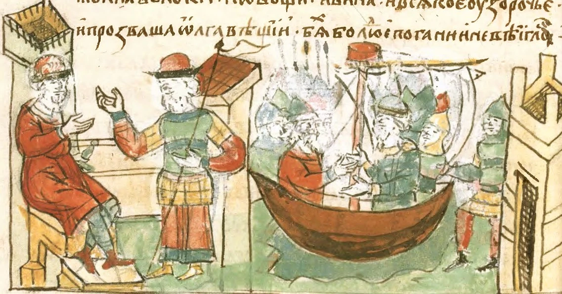 Зображення з Радзивілівського літопису. На ньому сценка з літописної легенди про те, як київський князь Олег у 907 році взяв Царгород – Константинополь