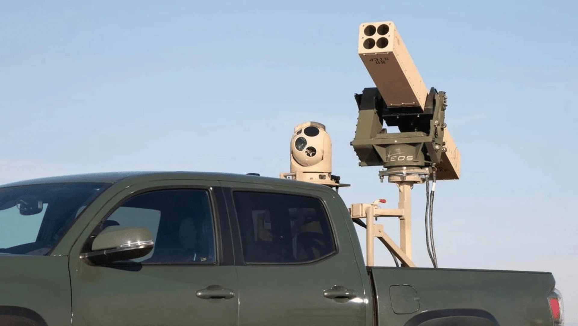 A pick-up truck-based Vampire anti-aircraft missile system armed with APKWS missiles.