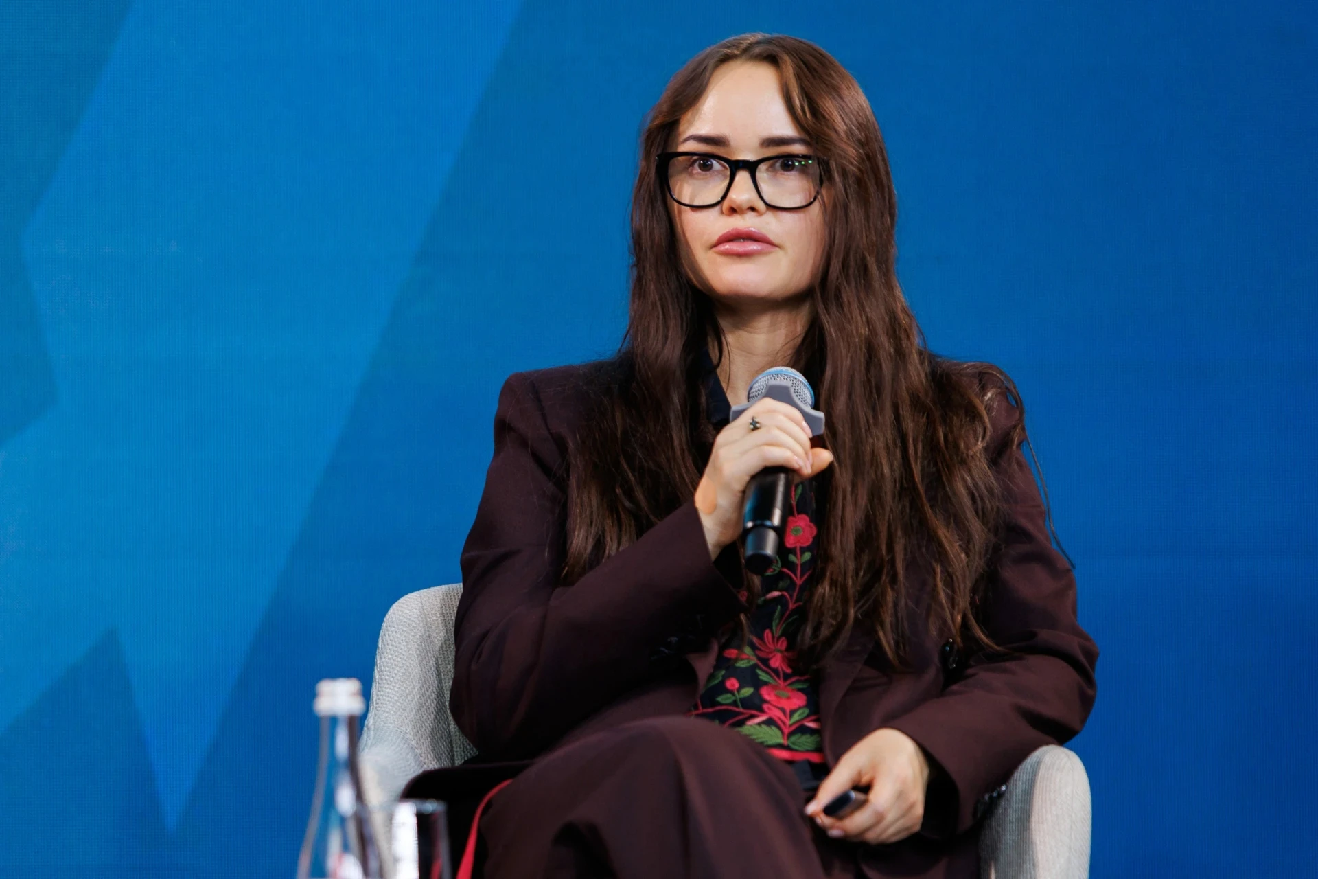 Iryna Terekh answering journalists' questions at the three-hour press conference