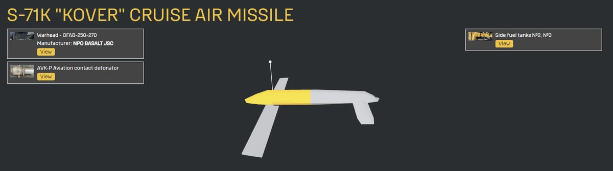 A 3D model of the S-71K Kovyor missile with key components labelled