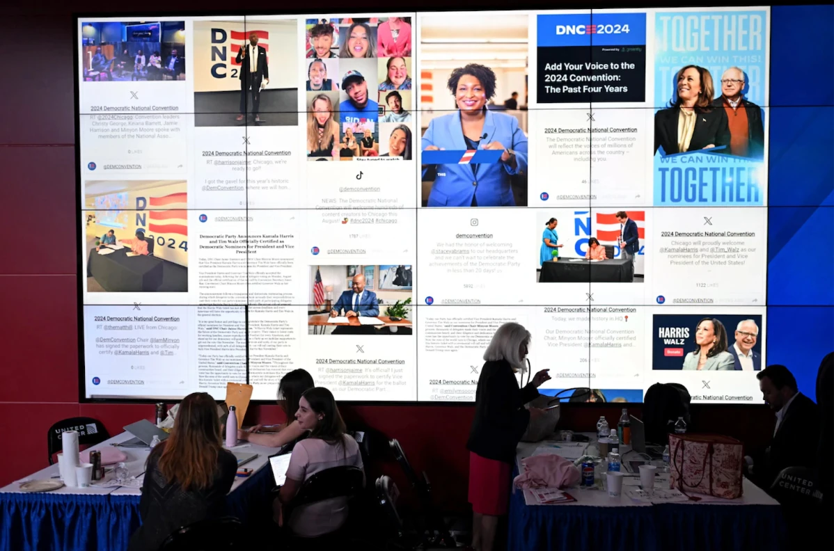 Bloggers' posts on screen during the 2024 Democratic National Convention in Chicago