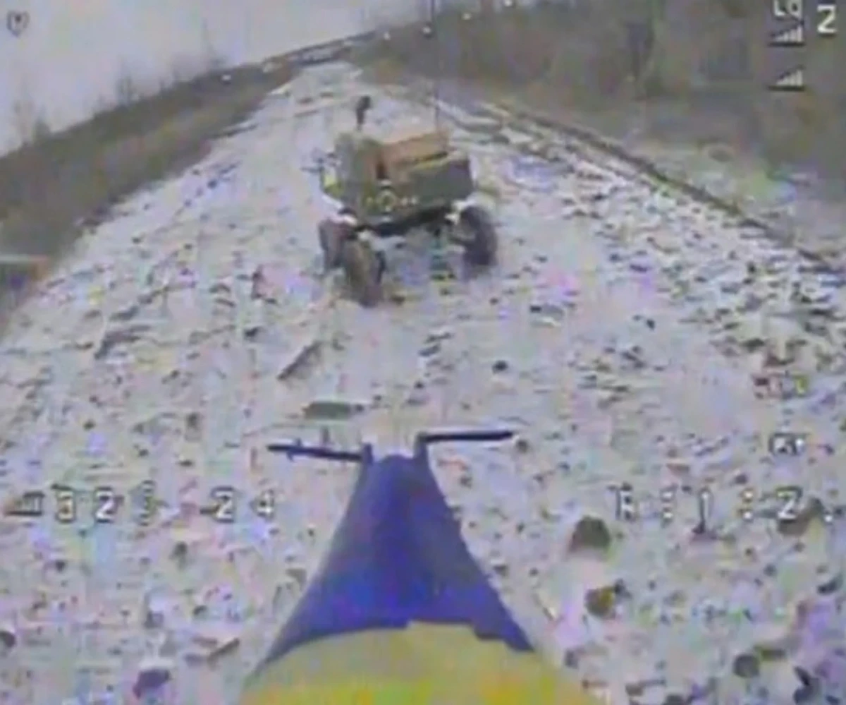 One of the first Russian ground robots being destroyed near Avdiivka.