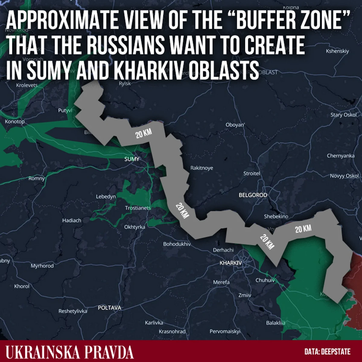 Approximate layout of the buffer zone the Russians aim to create in Sumy and Kharkiv Oblasts