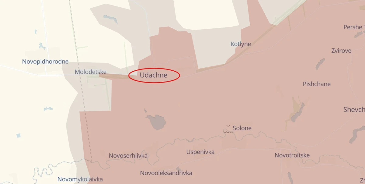 Udachne on the map. The territories in red are occupied by Russia