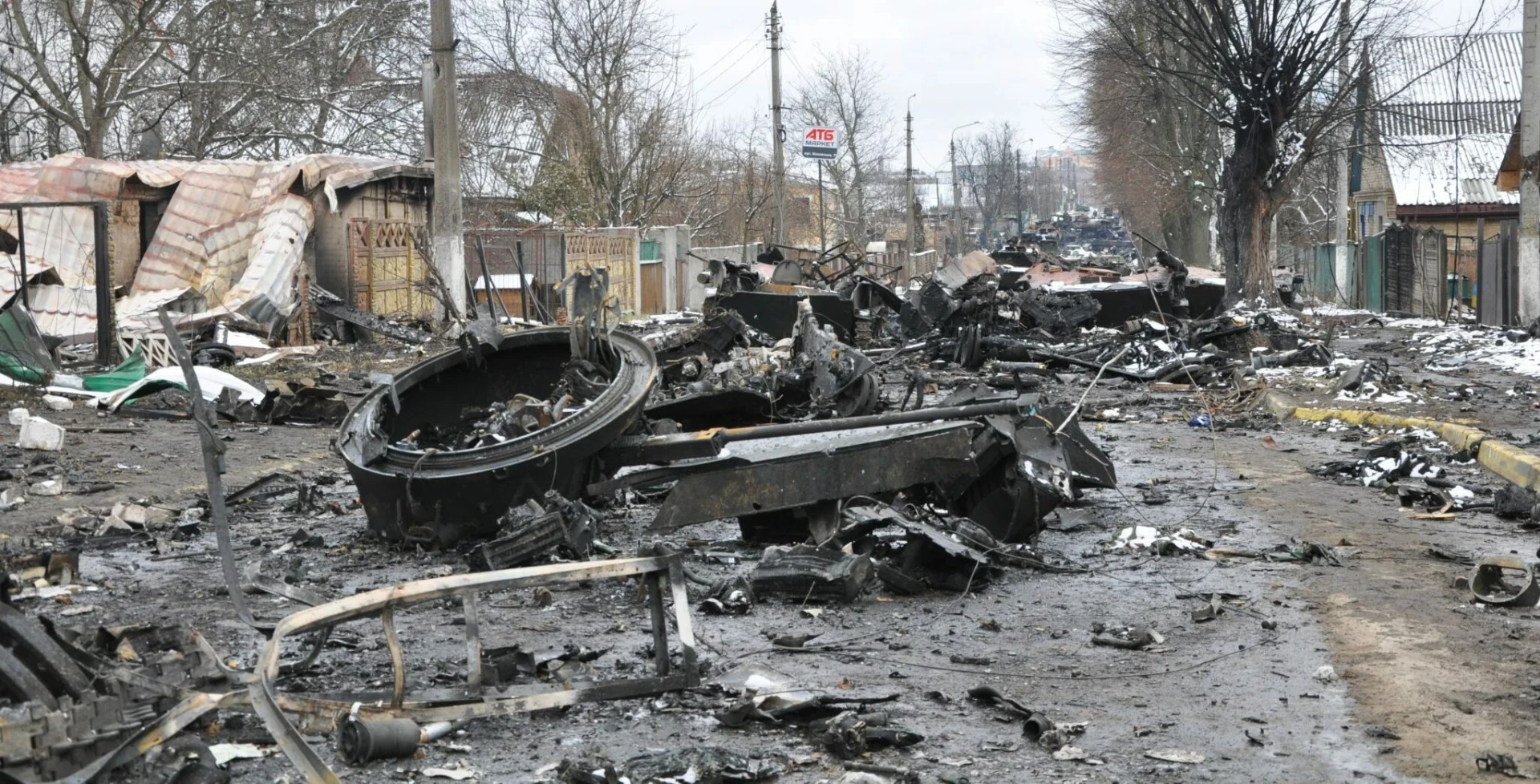 The destroyed convoy of Russian paratroopers on Vokzalna Street in Bucha