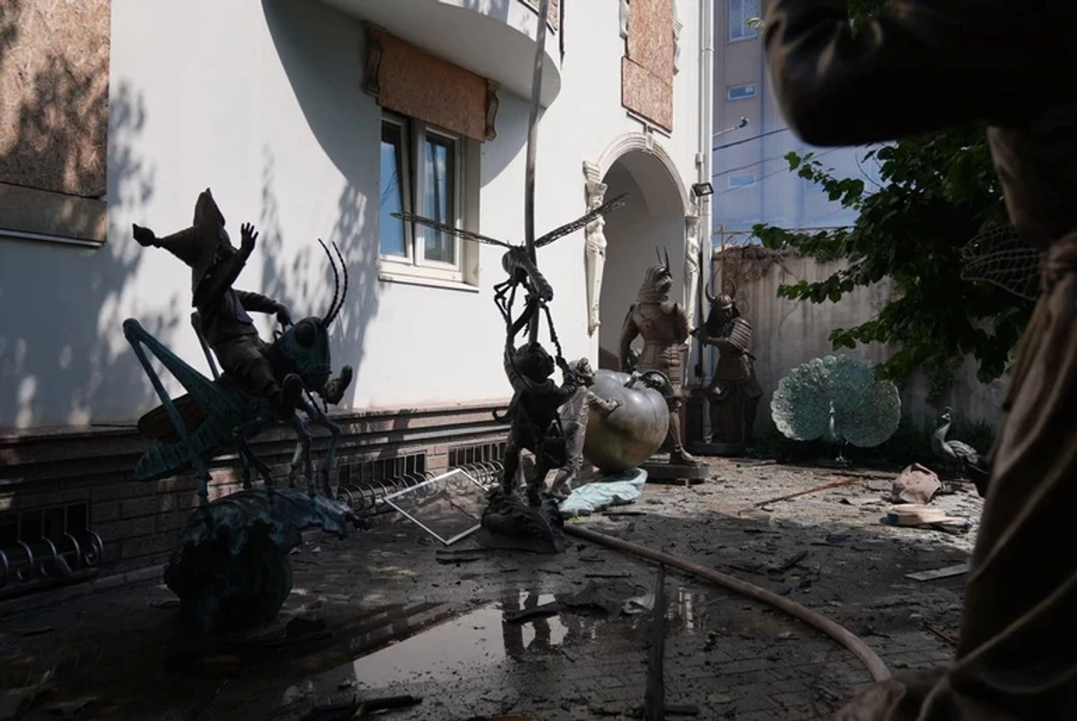 Aftermath of the strike on the sculptor's home