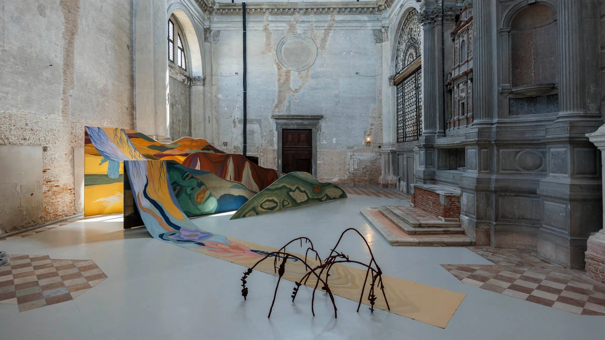 Installation view of the exhibition otras montañas, las que andan sueltas bajo el agua [“other mountains, adrift beneath the waves”], Ocean Space, Venice. Courtesy of TBA21–Academy