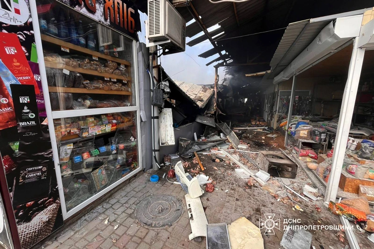 Aftermath of Russian strikes on a market in the city of Nikopol.