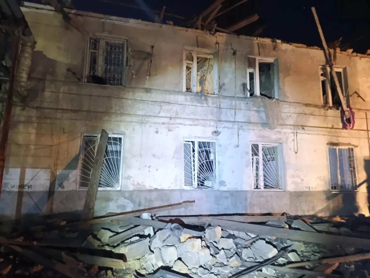 The damaged building.