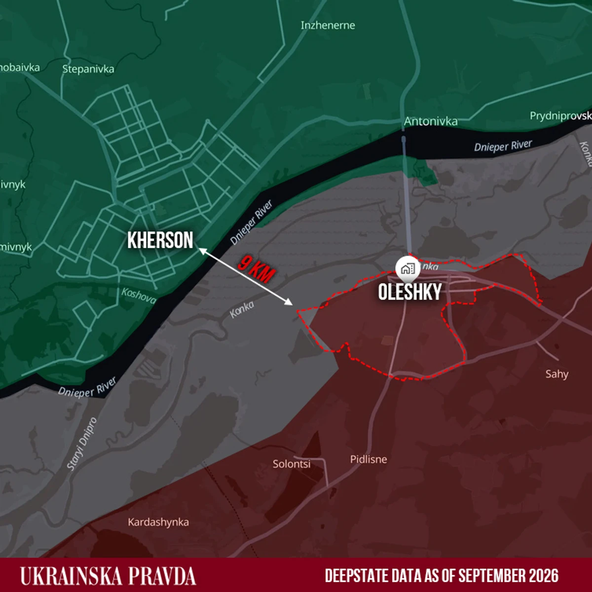 The distance between Kherson and Oleshky