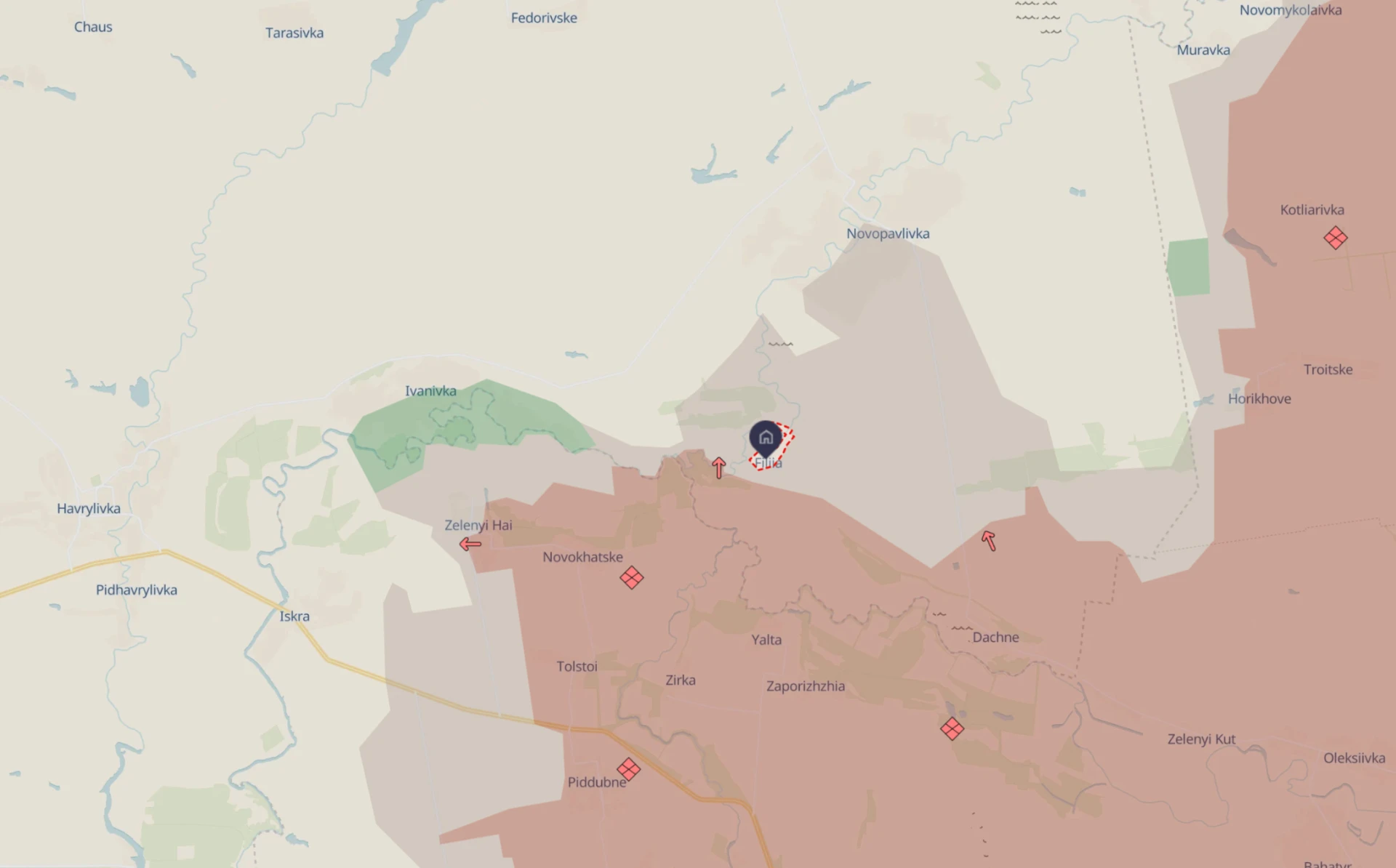 Filiia on the map. The territories in red are occupied by Russia.