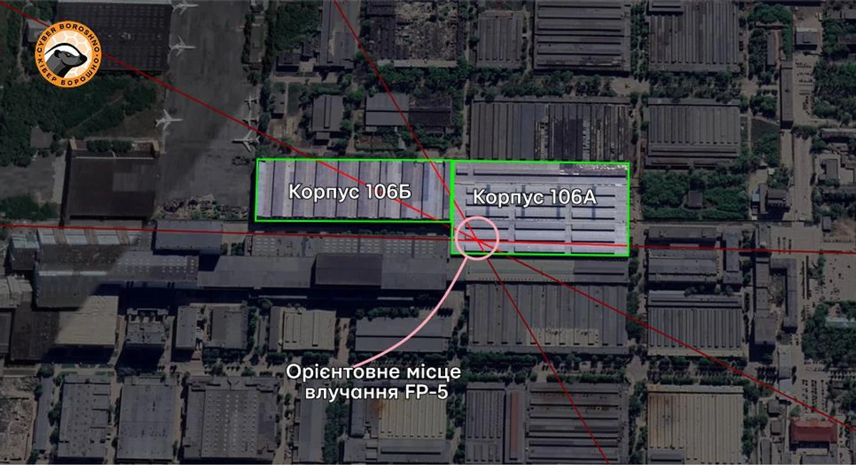 Probable impact site of an FP-5 Flamingo missile on the Progress Rocket and Space Centre production buildings