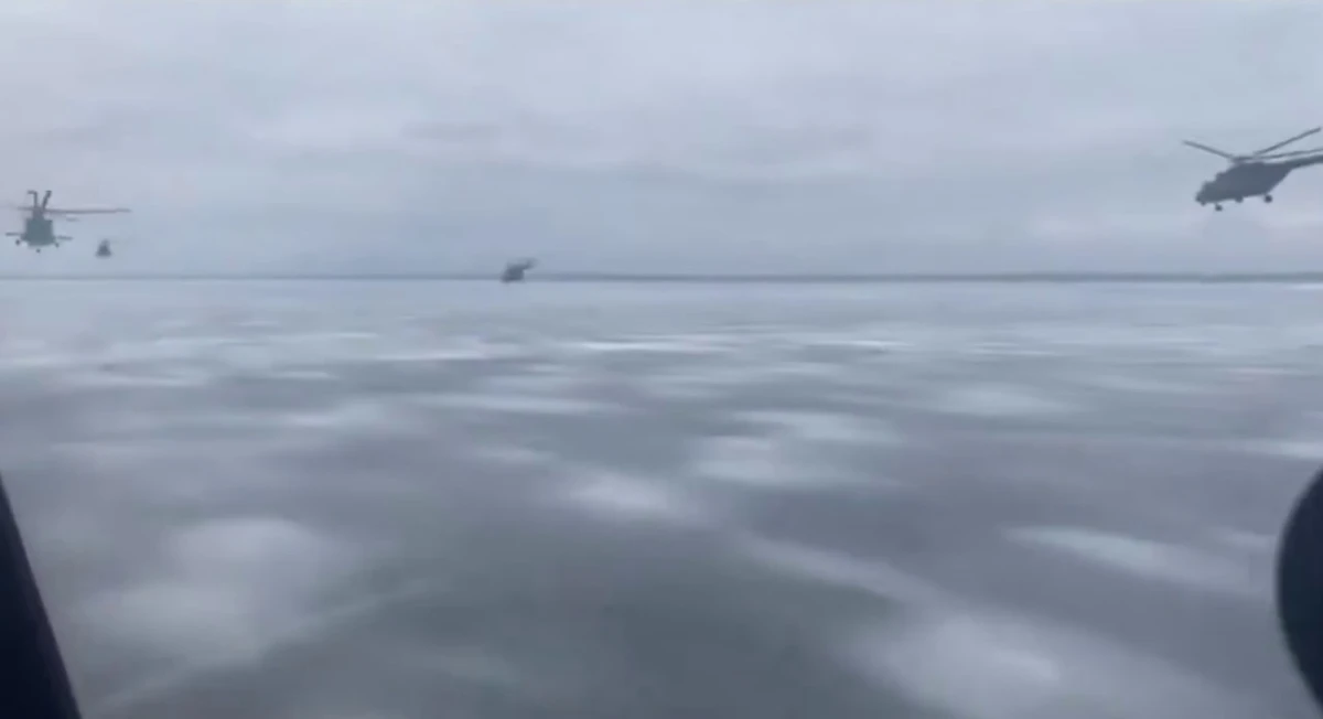 A still from footage filmed inside the cockpit of a Russian Mi-8 helicopter as it flew towards Hostomel as part of an assault force on the very first day of the full-scale invasion, 24 February 2022