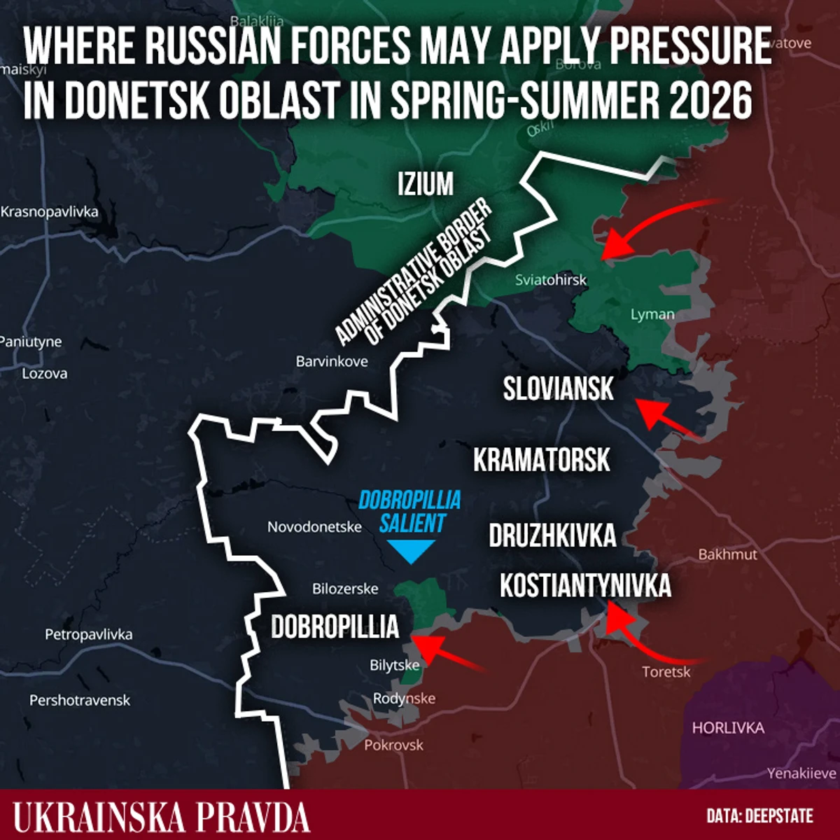 Four possible directions of Russian strikes in Donetsk Oblast in spring–summer 2026.
