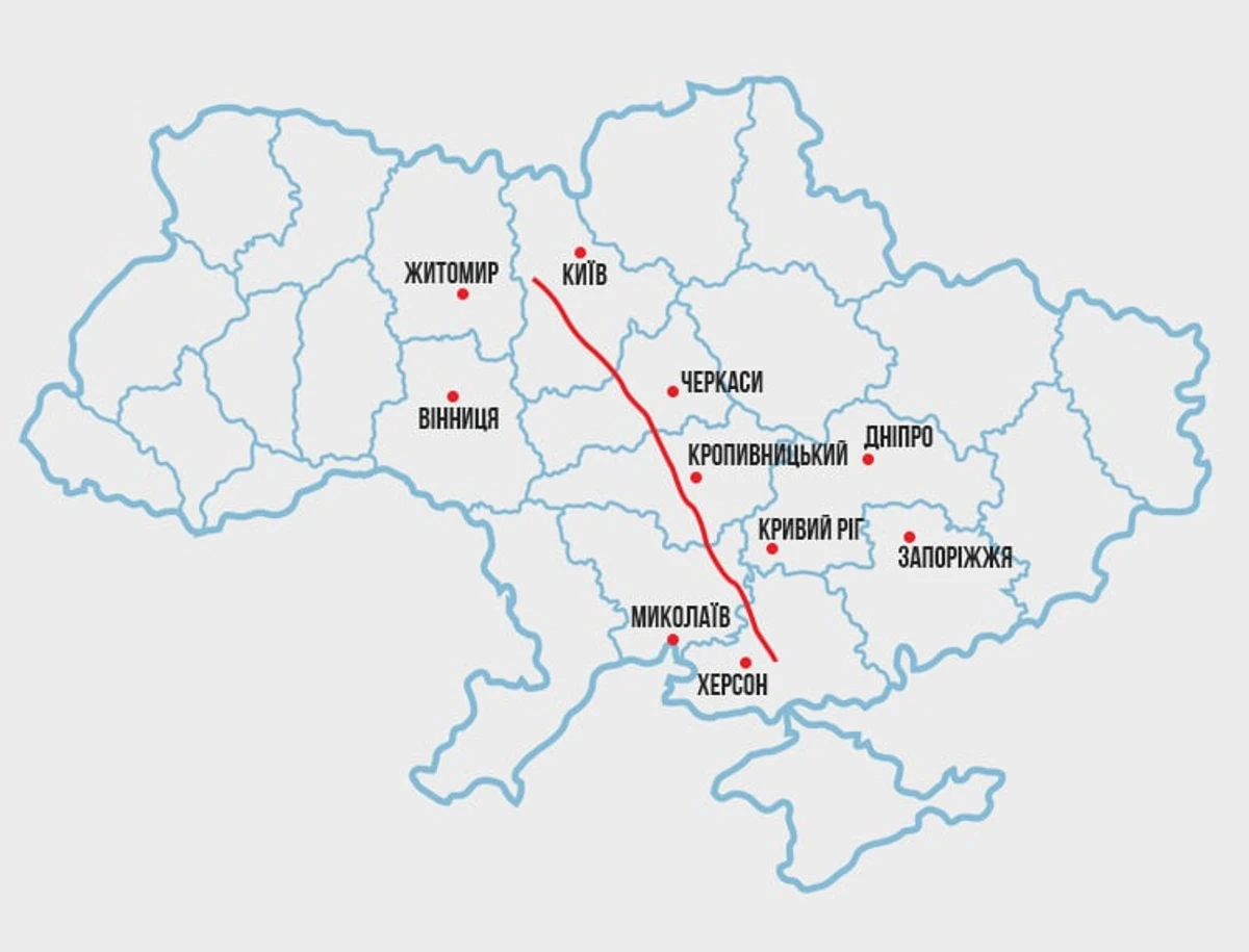 Чтобы вызвать масштабный блэкаут, россияне пытаются разорвать энергосистему Украины пополам. Красная линия на карте – это условный энергетический водораздел, который отделяет левобережную и правобережную части страны