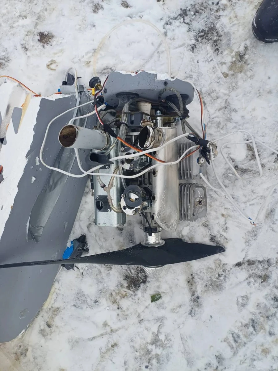 The engine and internal components of the Russian drone after it was downed.