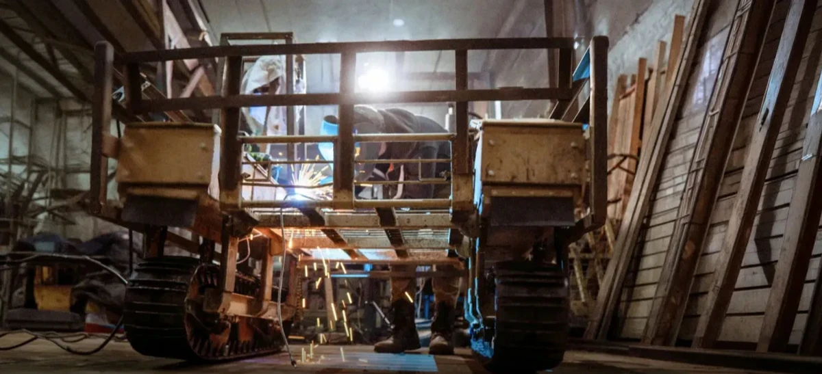 The frame of a vehicle being welded