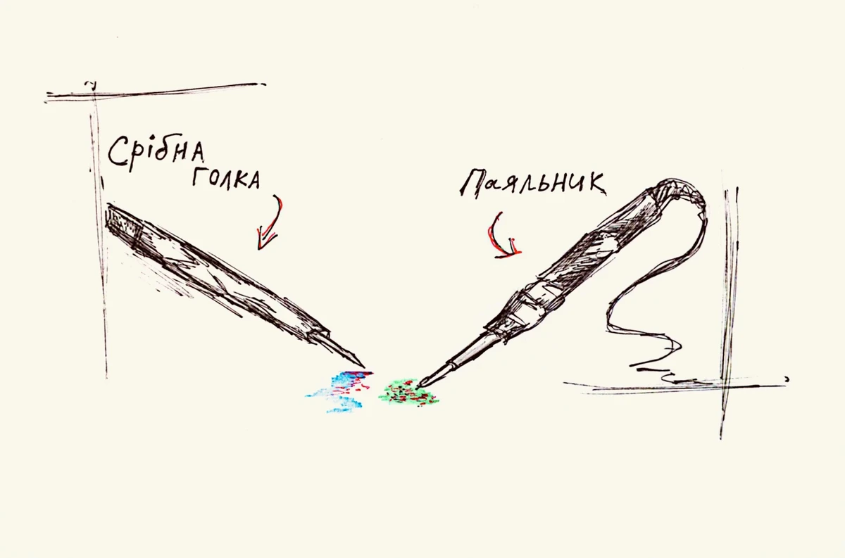 A silver needle and a soldering iron