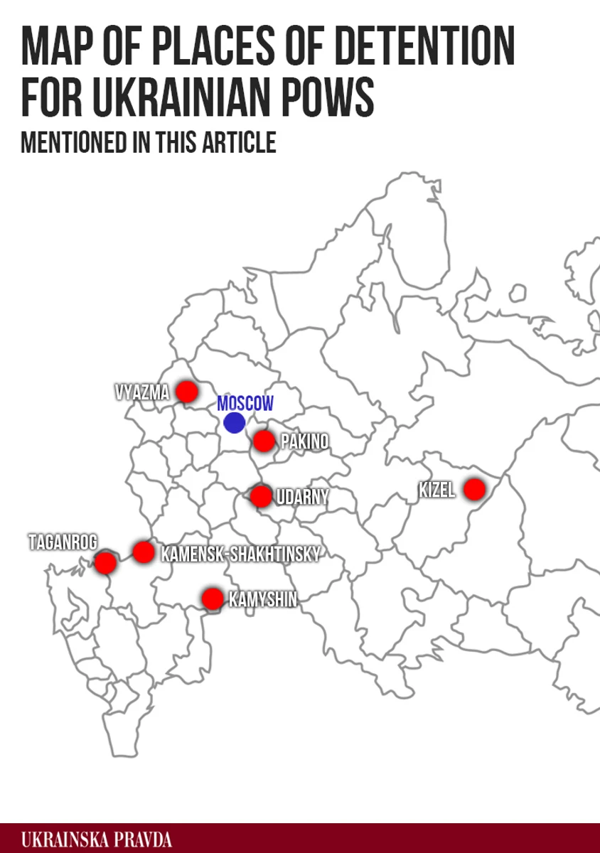 Map of the places of detention mentioned in this article where Ukrainian POWs are held