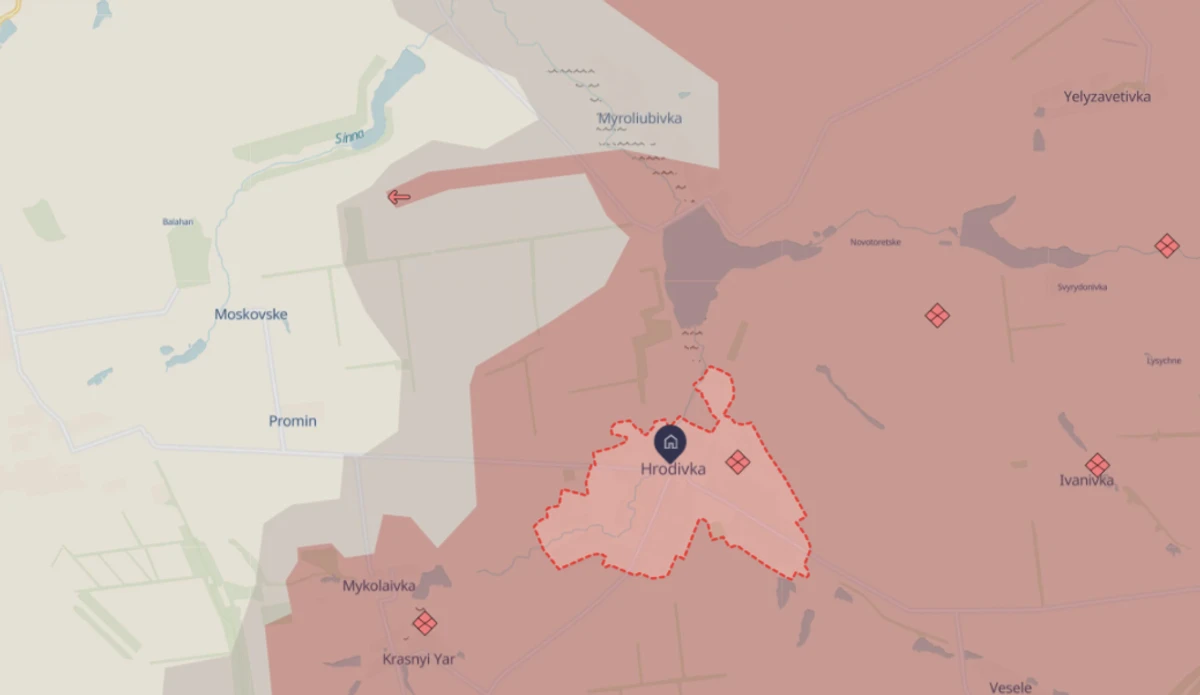 Hrodivka on a map. The territories in red are occupied by Russia.