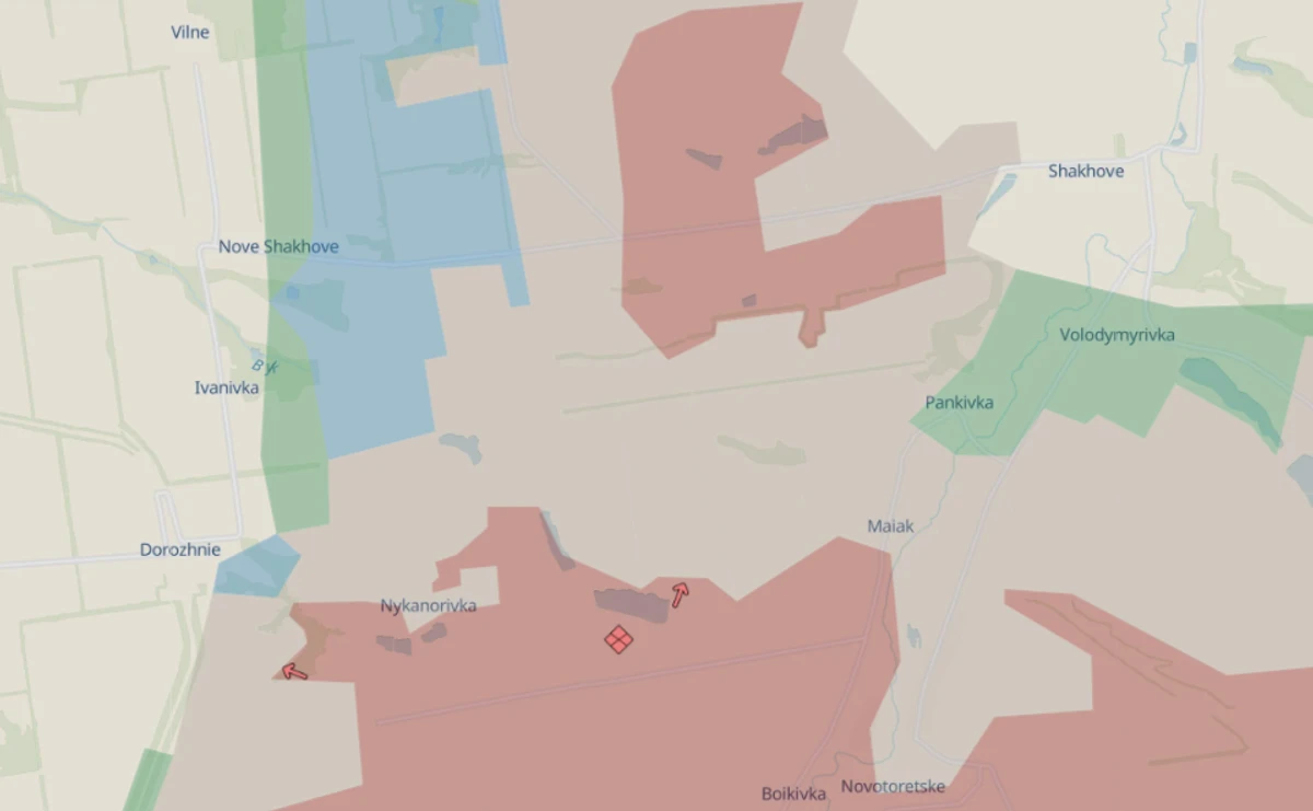 Volodymyrivka on a map. The territories in red are occupied by Russia.