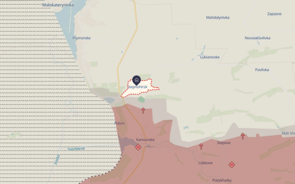 Stepnohirsk on a map. The territories in red are occupied by Russia.