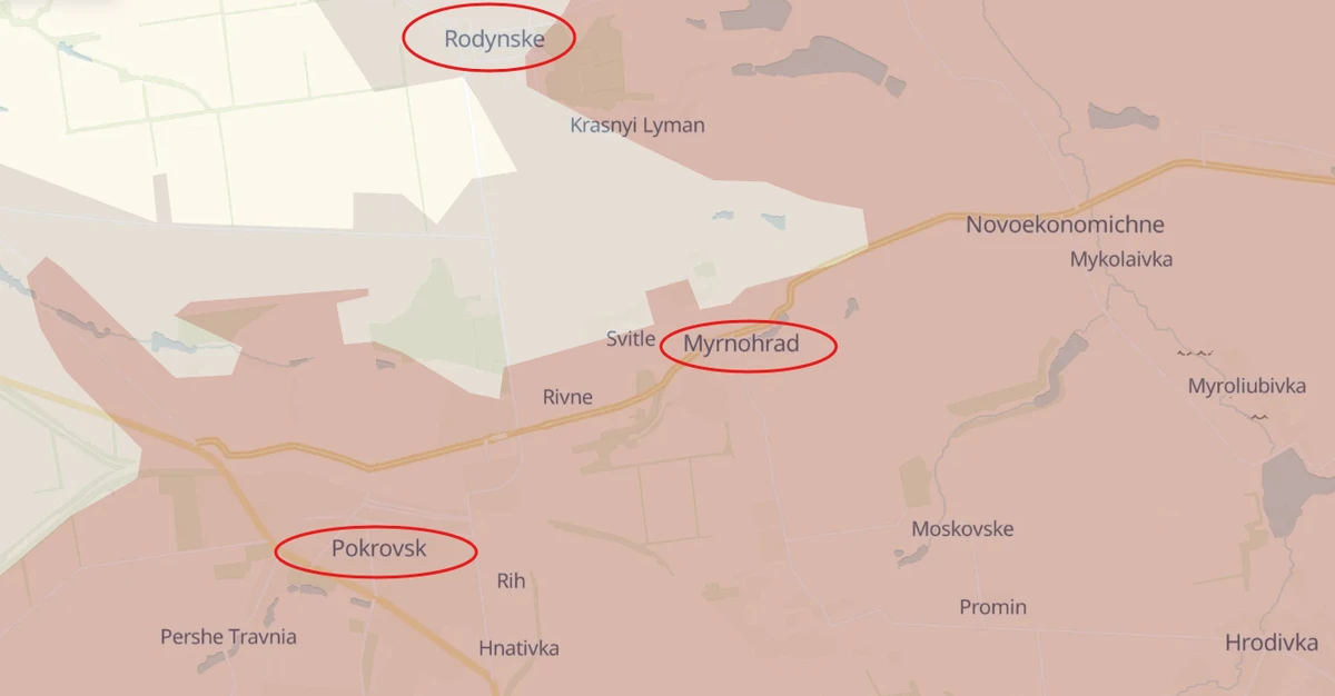 Pokrovsk, Myrnohrad and Rodynske on the map