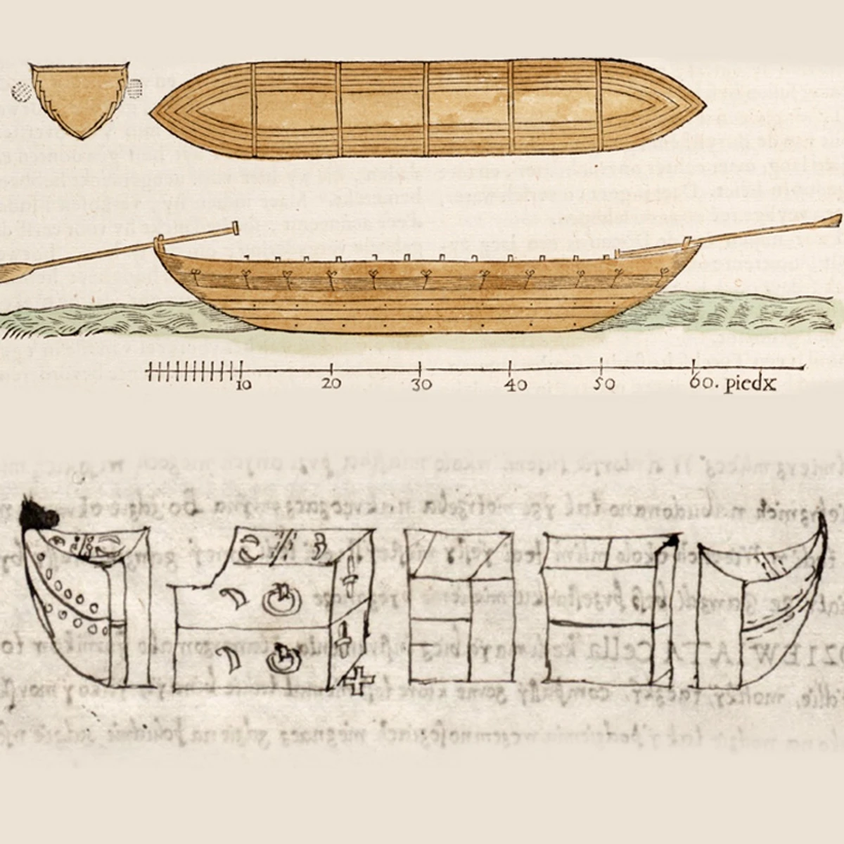 Казацкая лодка из труда Боплана (в цвете) и казацкая лодка с кожаными бортами в польских источниках 16 века (взято из исследования Вячеслава Сарычева о развитии судостроения запорожского казачества)
