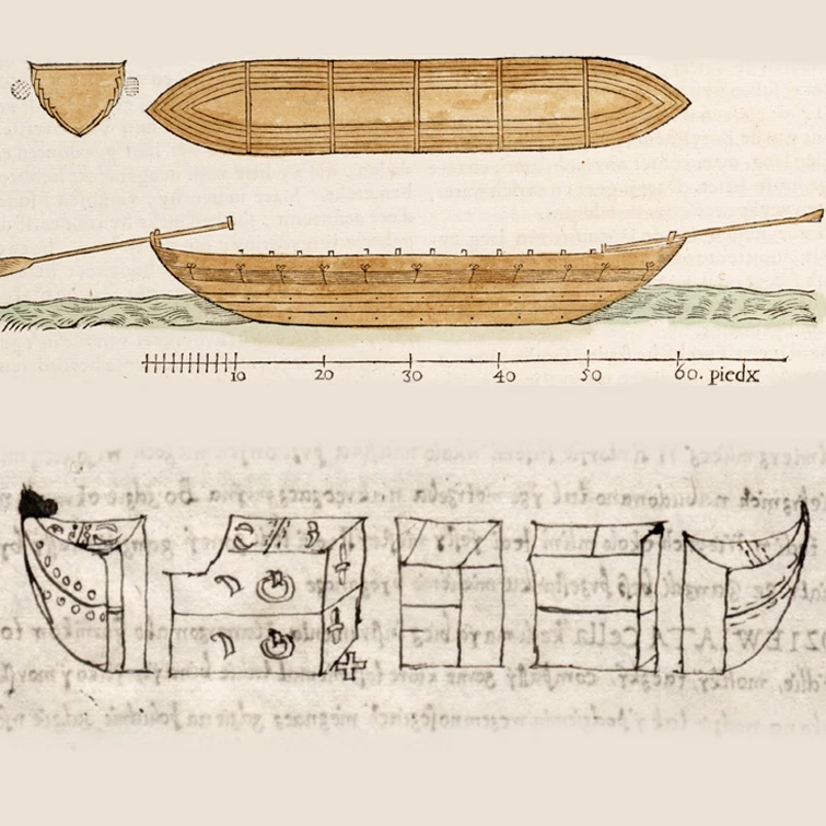 Козацький човен з праці Боплана (в кольорі) та козацький човен зі шкіряними бортами в польських джерелах 16 століття (взято з дослідження В'ячеслава Саричева про розвиток суднобудування запорозького козацтва)