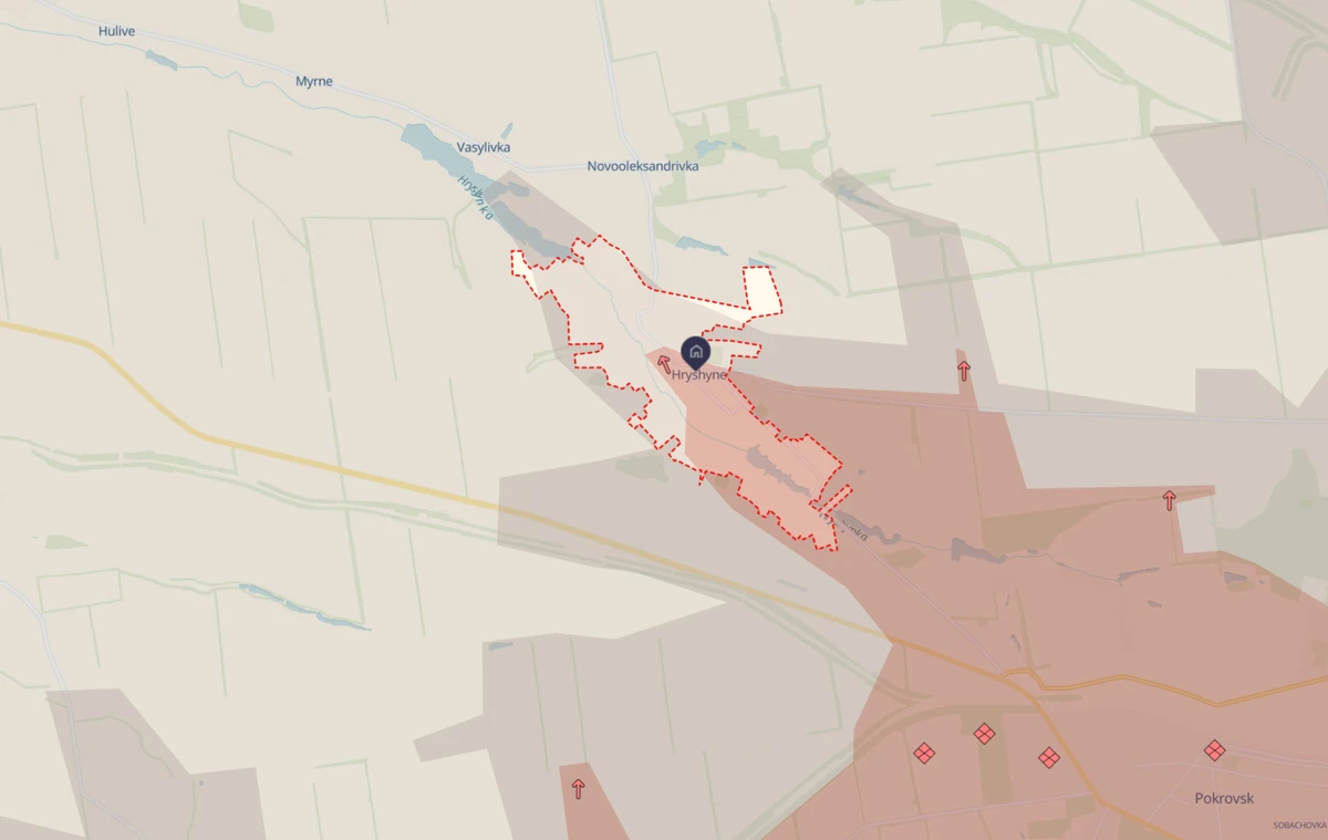 The village of Hryshyne on the map.