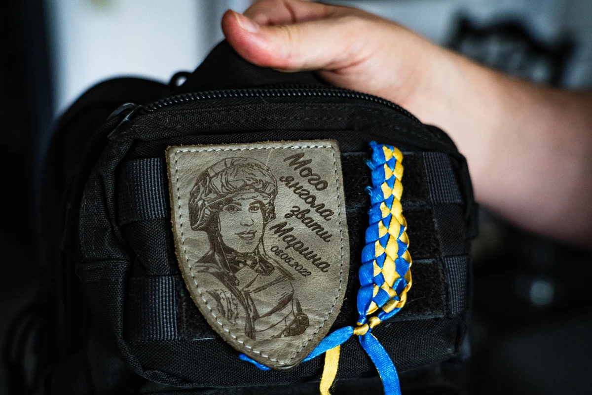 The patch honouring Aleksiuk on the tactical bag that Ivanchenko carried while fleeing Russian occupation in Berdiansk. Photo: Natalie Berry